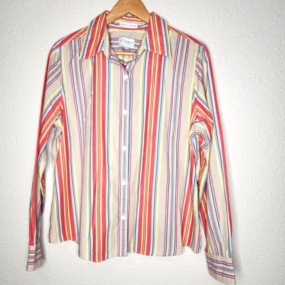 Liz Claiborne Villager Orange Tan Blue Yellow Vertical Stripe Button Down Size L